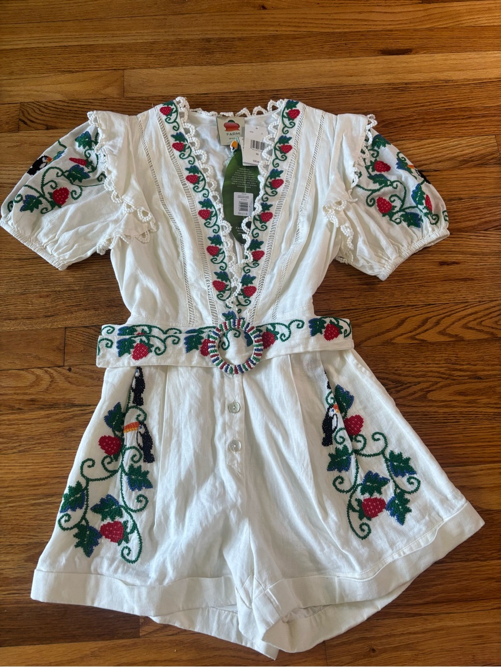 FARM Rio XS Cross Stitch Toucan Embroidery Floral Belted Romper Off-White Blue